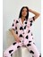 Kadın Pembe-Siyah Kısa Kollu Pijama Takım Pamuklu Düğmeli Kalp Baskılı Biyeli Rahat 3