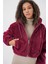 5193 Kapüşonlu Peluş Crop Ceket - Mürdüm 1