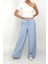 Kadın Mavi Renk Beli Lastikli Geniş Paça Keten Pantolon 3