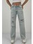Kadın Yırtıklı Bol Paça Jeans Palazzo Buz Mavi Kot Pantolon 1