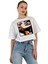 Kadın Oversize Kız Baskılı Kısa Beyaz Crop Tişört 1