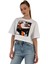Kadın Oversize Kız Baskılı Kısa Beyaz Crop Tişört 3