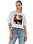 Kadın Oversize Kız Baskılı Kısa Beyaz Crop Tişört 4