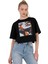 Kadın Oversize Kız Baskılı Kısa Siyah Crop Tişört 1