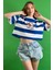 Çizgili Bisiklet Yaka Düşük Kol Dökümlü Bol Kesim Basic Kısa Crop T Shirt 100% Cotton 1