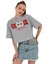 Kadın Oversize Çiçek Baskılı Kısa Gri Crop Tişört 3
