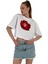Kadın Oversize Gül Baskılı Kısa Beyaz Crop Tişört 3
