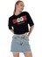 Kadın Oversize Çiçek Baskı Kısa Siyah Crop Tişört 1