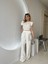 Ekru Çizgili Crop Pantolon Takım 3