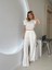 Ekru Çizgili Crop Pantolon Takım 4