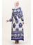 Desenli Viskon Elbise 0006-06 Indigo Bej 2