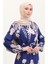 Desenli Kuşaklı Viskon Elbise 0018-06 Indigo Bej 3