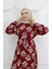 Viskon Kumaş Desenli Kuşaklı Elbise 2009-01 Bordo 3