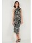 Desenli Slim Fit Yırtmaçlı Midi Boy Tek Omuzlu Elbise Bayan Elbise 5866202 4