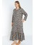 Desenli Uzun Kollu Düğmeli Cepli Kadın Büyük Beden Pamuklu Elbise 2