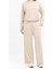 Bej-Büyük Beden Beli Lastikli Likralı Geniş Paça Pantolon 5