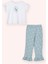 Kız Çocuk Kolları Fırfır Detaylı Kedi Desenli Beli Lastikli Mavi Pijama Takımı 1