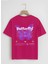 Unisex Oversize Bisiklet Yaka Butterfly Baskılı Basic T-Shirt - Fuşya 1