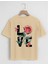 Unisex Oversize Bisiklet Yaka Rose Love Baskılı Basic T-Shirt - Bej 1