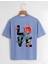 Unisex Oversize Bisiklet Yaka Rose Love Baskılı Basic T-Shirt - Mavi 1