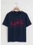 Unisex Oversize Bisiklet Yaka Theree Love Baskılı Basic T-Shirt - Lacivert 1