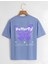 Unisex Oversize Bisiklet Yaka Butterfly Baskılı Basic T-Shirt - Mavi 1