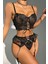 Modern Şık Elegant Dantelli Siyah Jartiyer Gecelik Set 3