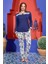 25177 Kadın Gece Mavisi Desenli Uzun Kol Modal Kumaş Büyük Beden Pijama Takımı 1