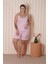 Kadın Pembe Çizgili Büstiyerli Dantel Detaylı Şortlu Pijama Takımı 20050 2