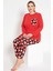 Kadın Kırmızı Renkli Kalp Desenli Uzun Kollu Pijama Takımı B-53 1