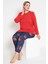 Kadın Kırmızı Renkli Kisses ve Dudak Baskılı Uzun Kollu Pijama Takımı B-50 1