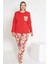 Kadın Kırmızı Renkli Çiçek Desenli Uzun Kollu Pijama Takımı B-48 1