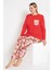 Kadın Kırmızı Renkli Çiçek Desenli Uzun Kollu Pijama Takımı B-48 4