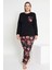 Kadın Siyah Renkli Çiçek Desenli Uzun Kollu Pijama Takımı B-46 1