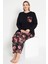 Kadın Siyah Renkli Çiçek Desenli Uzun Kollu Pijama Takımı B-46 2
