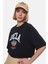Carly Siyah Bisiklet Yaka Crop Baskılı Loose Fit Kadın Tshirt 2
