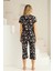 Kadın Çiçek Desen Dantel Detay Viskon Kısa Kol Kapri Pijama Takımı 3