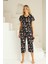 Kadın Çiçek Desen Dantel Detay Viskon Kısa Kol Kapri Pijama Takımı 4