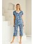 Kadın Çiçek Desen Dantel Detay Viskon Kısa Kol Kapri Pijama Takımı 1