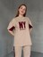 TKM-03655 Bej Rengi Bordo Ny Nakışlı Bisiklet Yaka Tshirt Bel Lastikli Palazzo Alt Ikili Takım 4