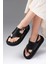 Lora Hakiki Deri Siyah Renk Parmak Arası Kadın Sandalet 4