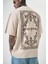 Erkek Ornaments Baskılı Oversize T-Shirt Bej 5
