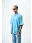 Erkek Alert Baskılı Yıkamalı Oversize T-Shirt Mavi 2