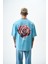 Erkek Alert Baskılı Yıkamalı Oversize T-Shirt Mavi 3