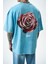 Erkek Alert Baskılı Yıkamalı Oversize T-Shirt Mavi 5