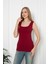 Bordo Renkli Penye Kumaş Geniş Askılı Basic T-Shirt / Bluz 3