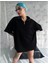 Yarım Fermuarlı Düz Oversize T-Shirt - Siyah 1