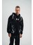 Double Oversize Kapşonlu Şimşek Pano Baskılı Sweatshirt - Siyah 1