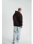 Unisex Üç Iplik Kapşonlu Nakışlı Sweatshirt - Kahve 4