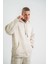 Unisex Double Oversize Kapşonlu Yıkamalı Sweatshirt - Krem 1